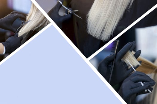 Collage. A hairdresser in rubber gloves holds a pair of scissors photo