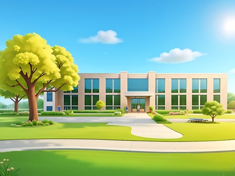 Modern school building with beautiful nature landscape, Back To Education Concept cartoon Illustration, ai generated photo