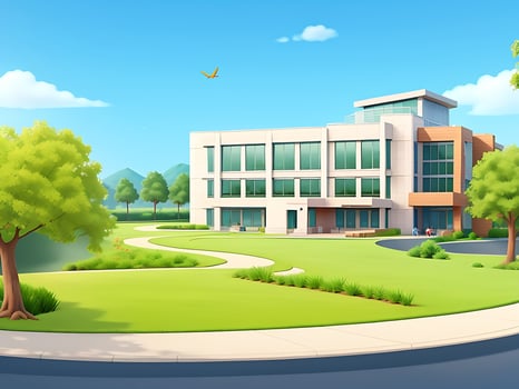 Modern school building with beautiful nature landscape, Back To Education Concept cartoon Illustration, ai generated photo