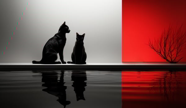 Two black cats and their reflections, on a monochrome background in shades of gray and the other half in red. AI generated photo