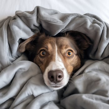dog lies in bed under the covers. photo