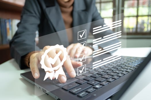 Businesswoman showing the symbol of top service 5 star quality assurance, excellent warranty, world standard, ISO certification, development and improve the quality of the organization concept. photo
