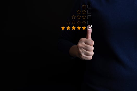 Satisfied customer experience concept, happy business customer using smartphone, the best review, High quality service, Most rated, the highest score, 5 stars, Social media very good. photo