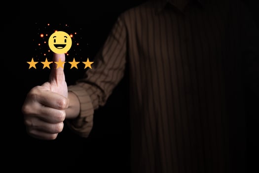 Satisfied customer experience concept, happy business customer using smartphone, the best review, High quality service, Most rated, the highest score, 5 stars, Social media very good. photo