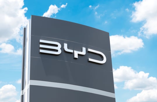 Nonthaburi Thailand 20 August 2023 Pole billboard with logo BYD on blue sky background photo
