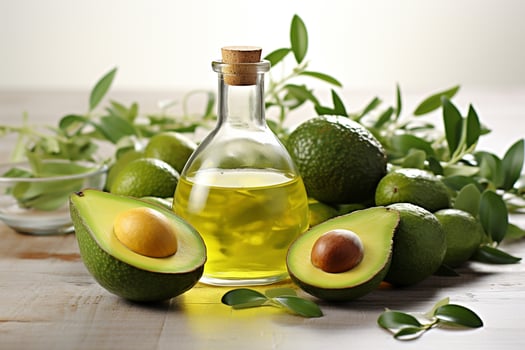 Avocado oil in a bottle with olive.Health food, diet concept.Created with Generative AI technology. photo