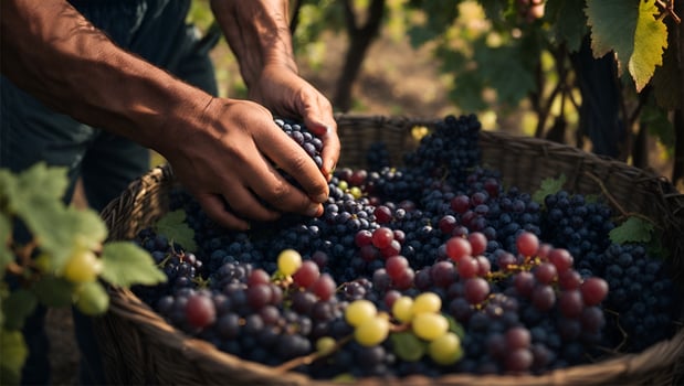 Farmer male hands picking grape, grapes harvest. Ai Generated photo