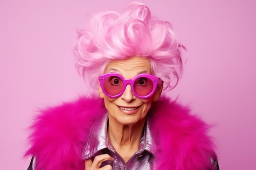 Beautiful elderly fashionable woman in stylish pink clothes, with pink hair and glasses posing on a pink background. Woman looking at the camera in surprise. AI Generative photo