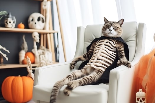 A tabby cat in a skeleton costume sits in a human pose on a white armchair in a decorated interior. AI Generative photo