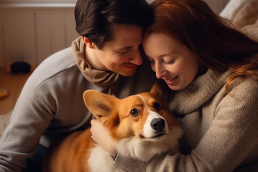 portrait of man and woman hugging cute corgi dog. pet concept photo