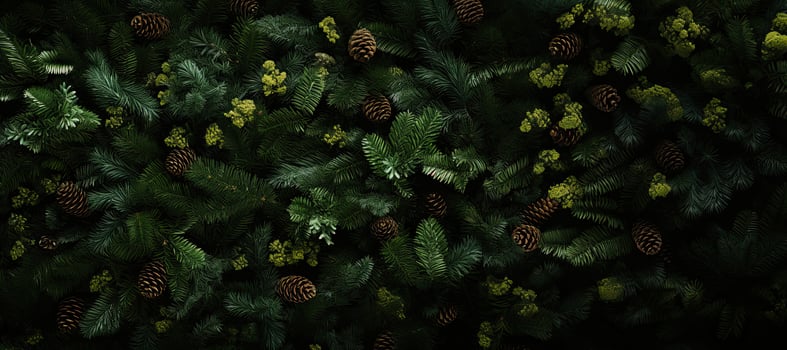 Background of green dark texture spruce christmas tree branches with cones. AI generated photo