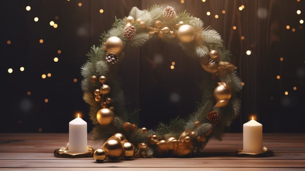 AI Generative Christmas wreath with candles on a wooden table. Bokeh background. photo