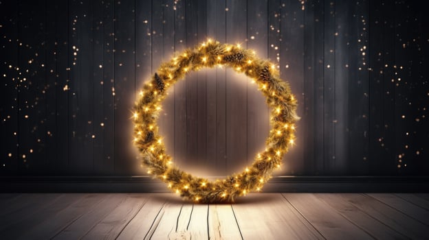 AI Generative Christmas wreath on wooden background with copy space. Christmas garland with warm light. photo