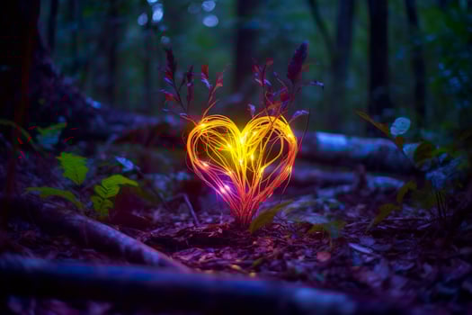 Glowing bioluminescent plant shaped like a human heart, in a mysterious forest. Generative AI photo