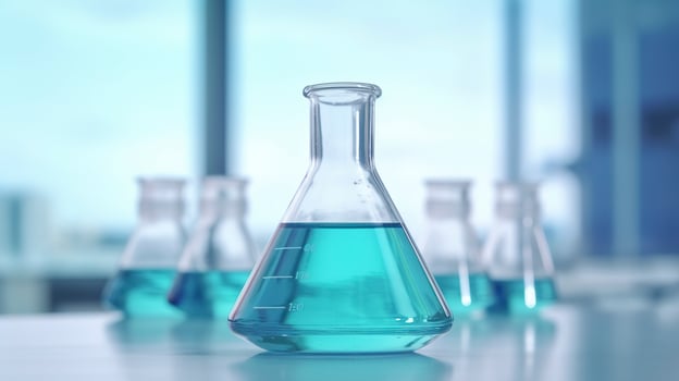 A Science Beaker in the laboratory on a table white and light blue background. laboratory equipment out of focus. AI Generative photo