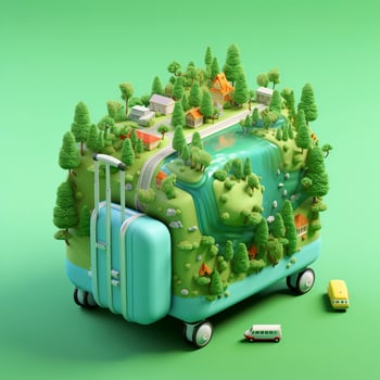 Surreal 3D Landscape Illustration of a Forest River with Luggage in Light Green and Light Blue. AI Generative photo
