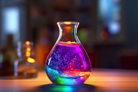 Close Up of a Science Beaker Filled with Multi Colored Liquids. AI Generative photo