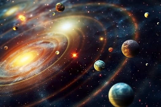 Our 3d Solar system with planets in orbits path. AI Generative photo