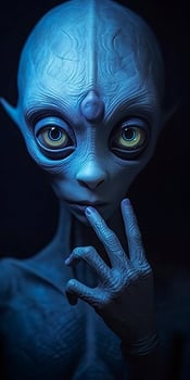 An extraordinary portrait of unknown adorable alien species over an alien finger, a style of high alien fashion. AI Generative photo