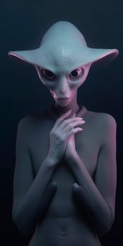 An extraordinary portrait of unknown adorable alien species over an alien finger, a style of high alien fashion. AI Generative photo