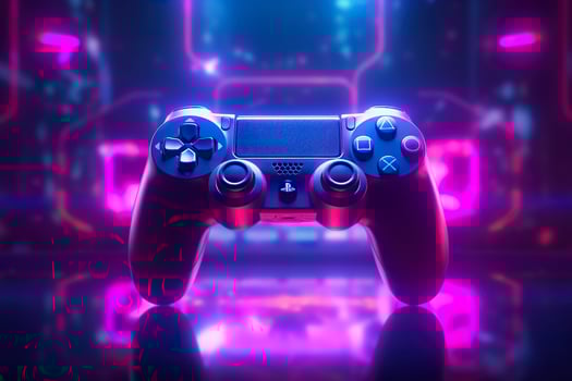 Video game controller with bright neon light streaks. Computer gamer background, 3D octane render. Game concept ideas.  AI Generative photo