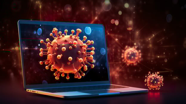 Computer screen showing an installing update notification with a virus symbol,  AI Generative photo