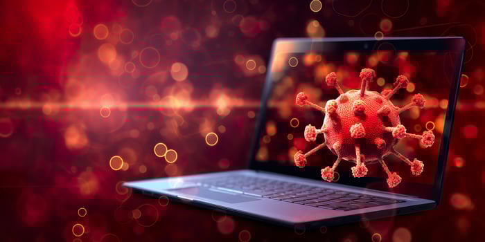 Computer screen showing an installing update notification with a virus symbol,  AI Generative photo