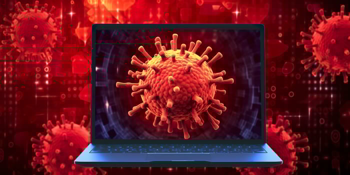 Computer screen showing an installing update notification with a virus symbol,  AI Generative photo