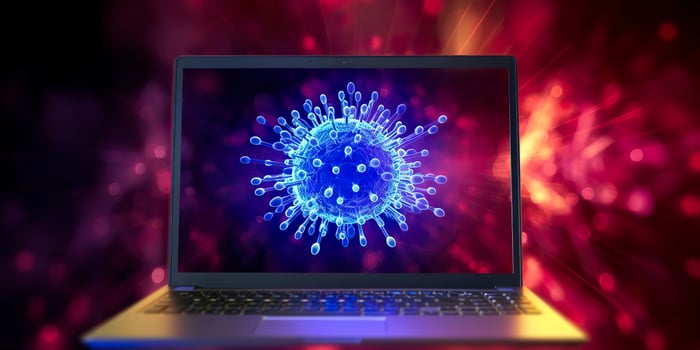 Computer screen showing an installing update notification with a virus symbol,  AI Generative photo