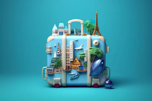 Blue suitcase full of landmarks and travel accessories on blue background. Generative AI photo