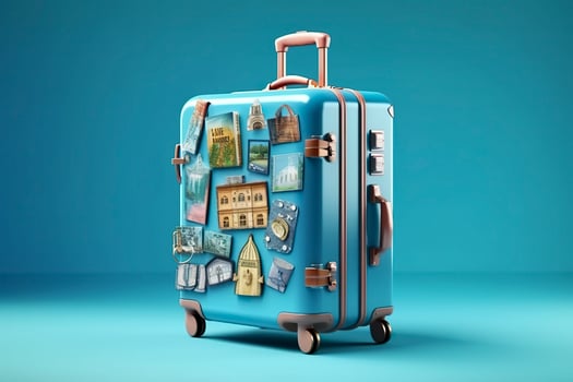 Blue suitcase full of landmarks and travel accessories on blue background. Generative AI photo