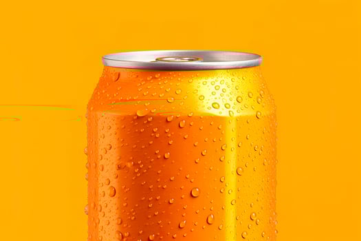 Can of fresh soda with water drops on orange background, closeup. Generative AI photo