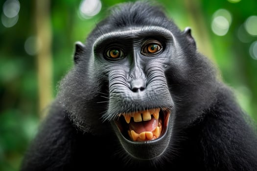Celebes crested macaque with open mouth. Close up on the green natural background. Generative AI photo