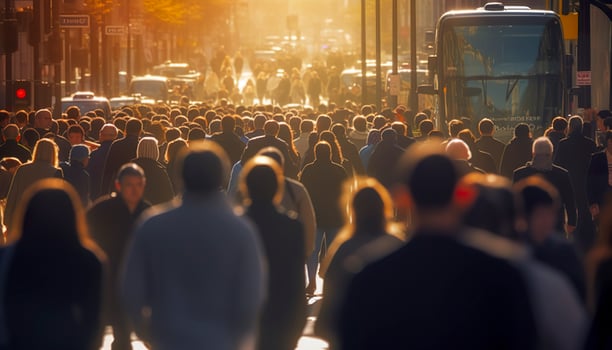 Crowd of people walking busy city street backlit. Generative AI photo