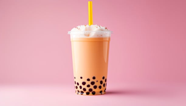 A bubble tea in a plastic cup. Generative AI photo