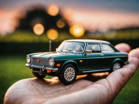 photo of close up hand holding mini car, generative AI