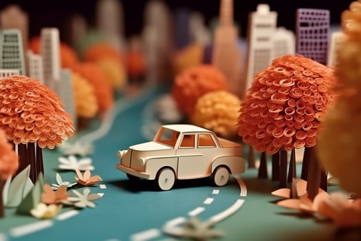 Paper art car on the road.Generative Ai. photo