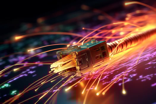 Connecting  internet with colorful fiber optic cables.Generative Ai. photo
