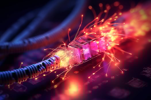 Connecting  internet with colorful fiber optic cables.Generative Ai. photo
