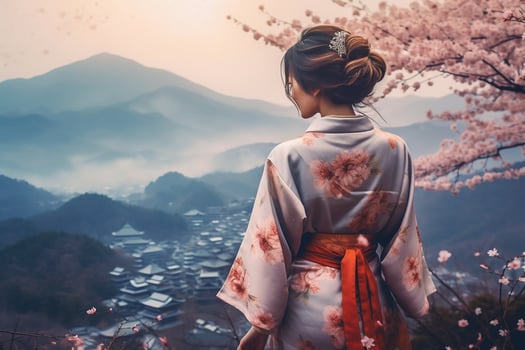 Woman wearing a kimono with cherry blossoms and fuji mountain.Generative Ai. photo