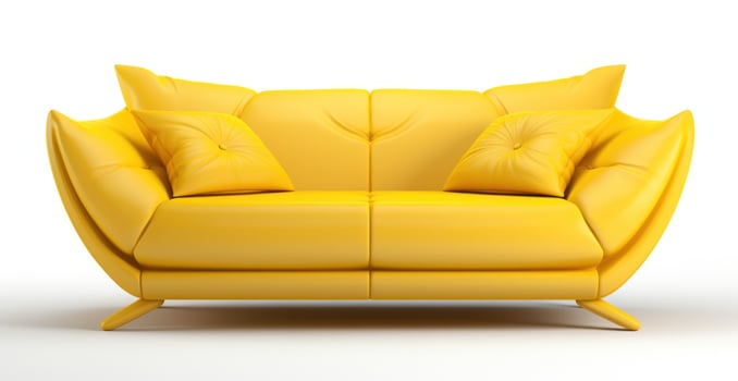Modern yellow leather sofa with pillows isolated photo