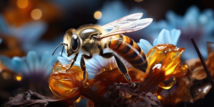 AI Generated. AI Generative. Nature outdoor wild flowers plant wild field flowers blossom with bee. Graphic Art photo