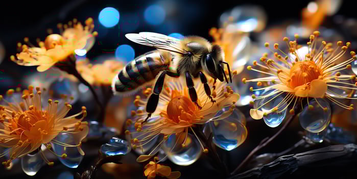 AI Generated. AI Generative. Nature outdoor wild flowers plant wild field flowers blossom with bee. Graphic Art photo