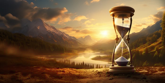 AI Generated. AI Generative. Time watch hourglass sandglass outdoor nature adventure vacation background landscape. Graphic Art photo