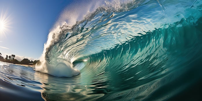 AI Generated. AI Generative. Big sea ocean wave surfing background. Vacation adventure travel tropical extreme surfing sport vibe. Graphic Art photo