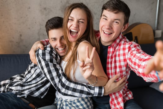 happy young people having fun, friends party at home photo