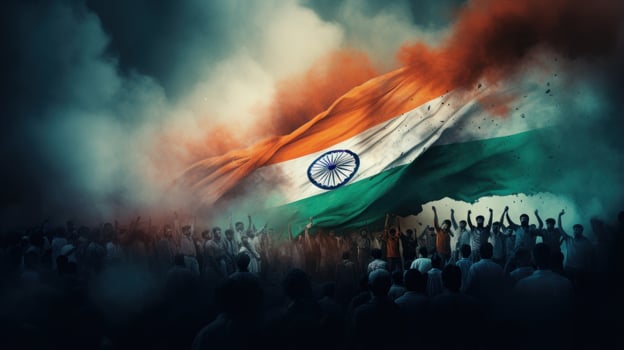 Crowd of people waving the indian flag. photo