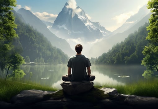 ai generative photo of a man practicing mindfulness and meditation in a peaceful natural environment sony A7s realistic image, ultra hd, high design very detailed