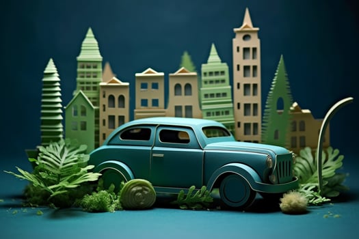 Eco city with eco car. Green city concept. Vector illustration of eco city. Generative ai. photo