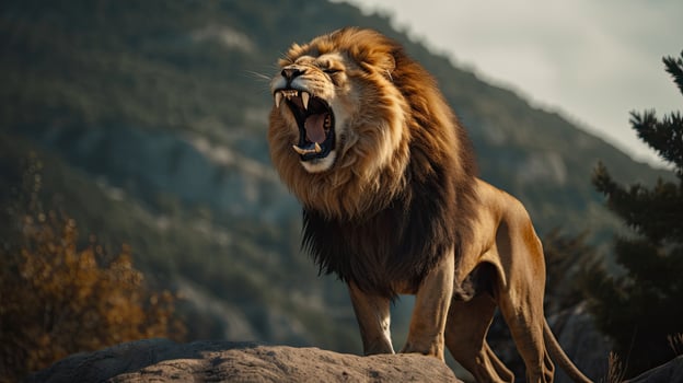 Portrait Lion standing on the rock with light exposure AI Generative photo
